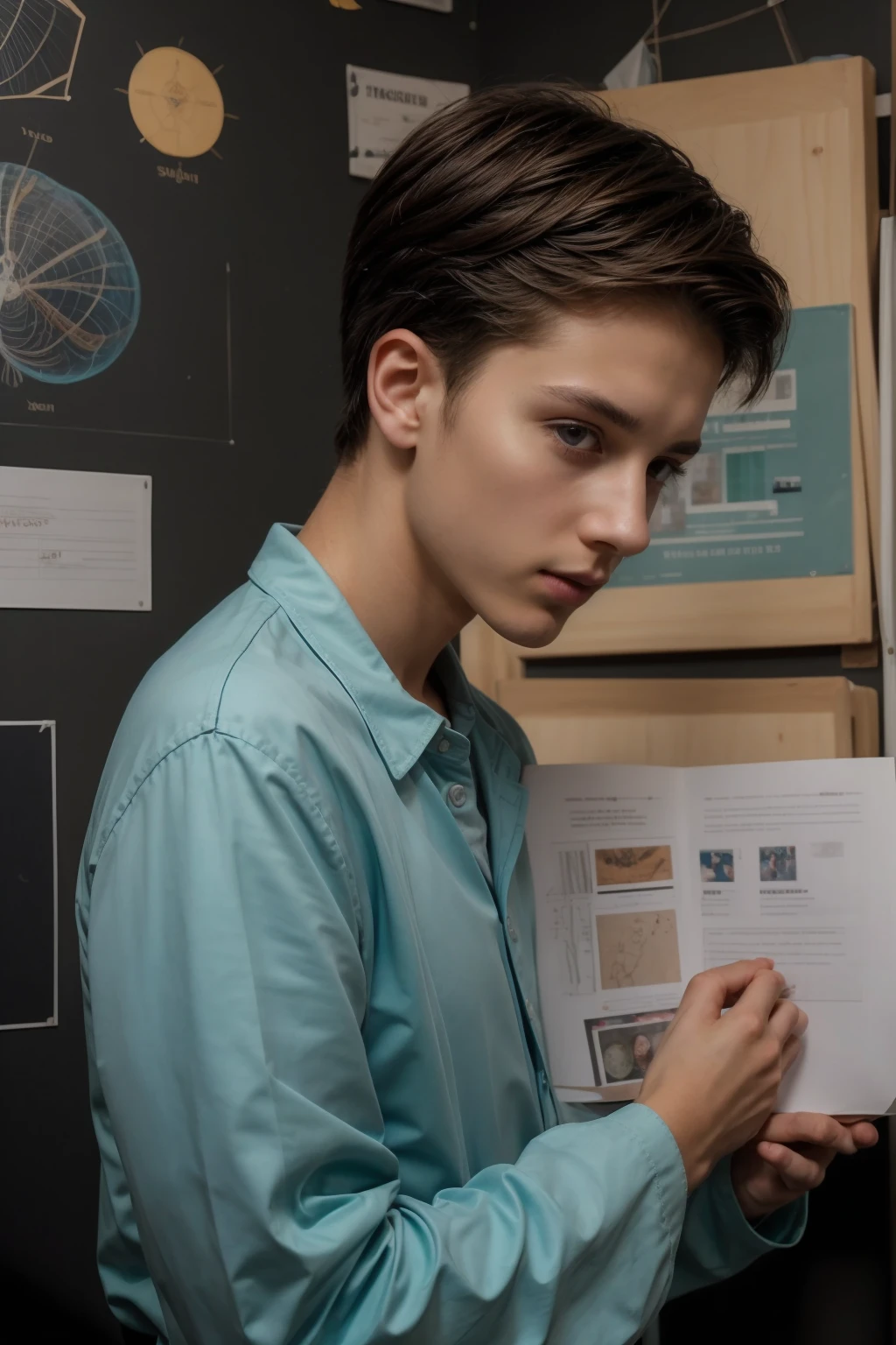 A beautiful young male twink, cute, with black hair, a face with reddish make-up, wearing a bright white long-sleeved shirt and aqua blue pants. He is in his office, and behind him is a blackboard on which is written the shape of the brain and its anatomy, from which nuclear energy emerges, and in his hand is a paper sheet with manuscripts on it.  The phrase “The Greatest Mind.”