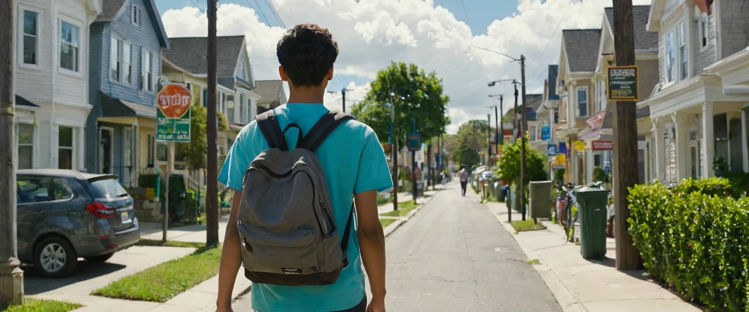 A young male student, around 22-24 years old, is walking through a neighborhood near his university. He is wearing a simple outfit with a backpack, looking around for rental signs. The street has a few small shops, houses, and a few other people walking by. The scene is set on a bright and sunny day with some clouds in the sky. The image should be detailed and realistic, capturing the sense of exploration and determination.