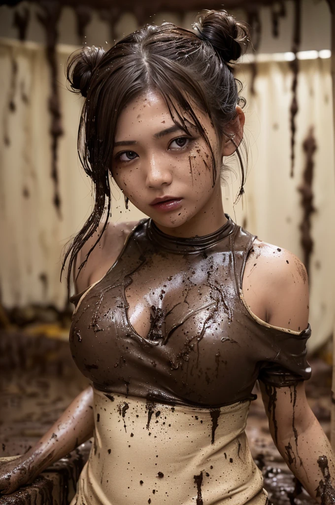 (1 woman 24yo, updo hairstyle, very cute face, wonderful face and eyes, (very detailed eyes, very detailed face), Fresh, very beautiful appearance, (super photographgraphic, High resolution), (highest quality:1.4), (hyper quality), realistic skin texture, Raw photograph, (reality, photographrealistic:1.37), very detailed, professional photographgraphy, 32,000 sexy female models , huge breasts, black eye, twintails blonde hair ,gold jewelry, High resolution , Upper body, (Stained with mud:1.5), Dirty woman best quality, masterpiece, 超High resolution, (fidelity :1.4), photograph, 1 girl,[(sorrow)],white shirt, 薄dark, dark, Desperate, sympathize with, poor, cinematic,tear,teardrop,(裂けたClothes:1.5), (濡れたClothes:1.4), bare shoulders,,hair,..dirty dirty latex,poop in tight tops　Urine　shit　mud　chocolate　worn outの布　Clothes　worn out,Luani 012