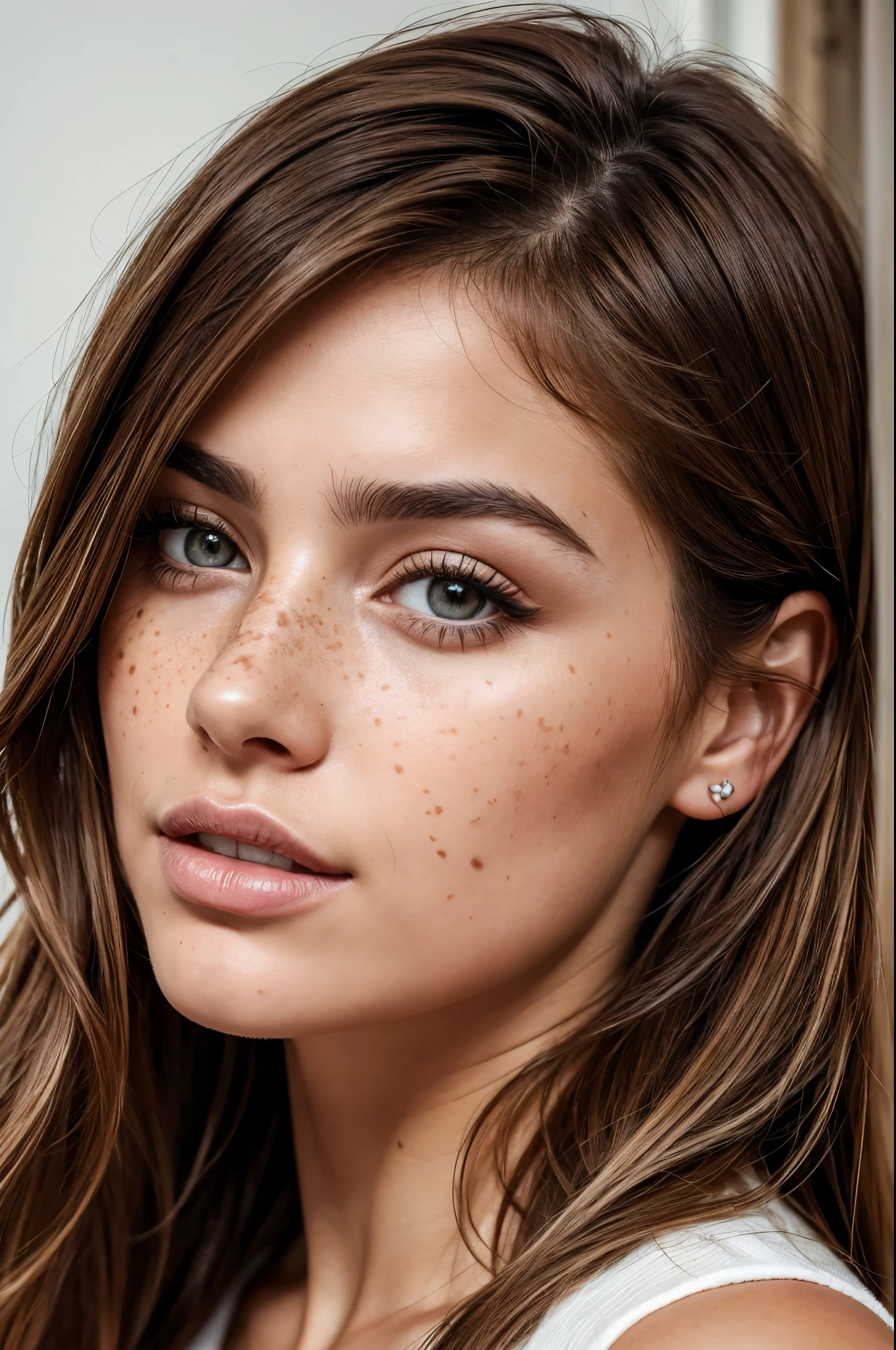Realistic portrait photo of beautiful woman with brown hair, hair roots slightly faded, italian, influencer, Light, freckles, brown eyes, no make UP, instagram