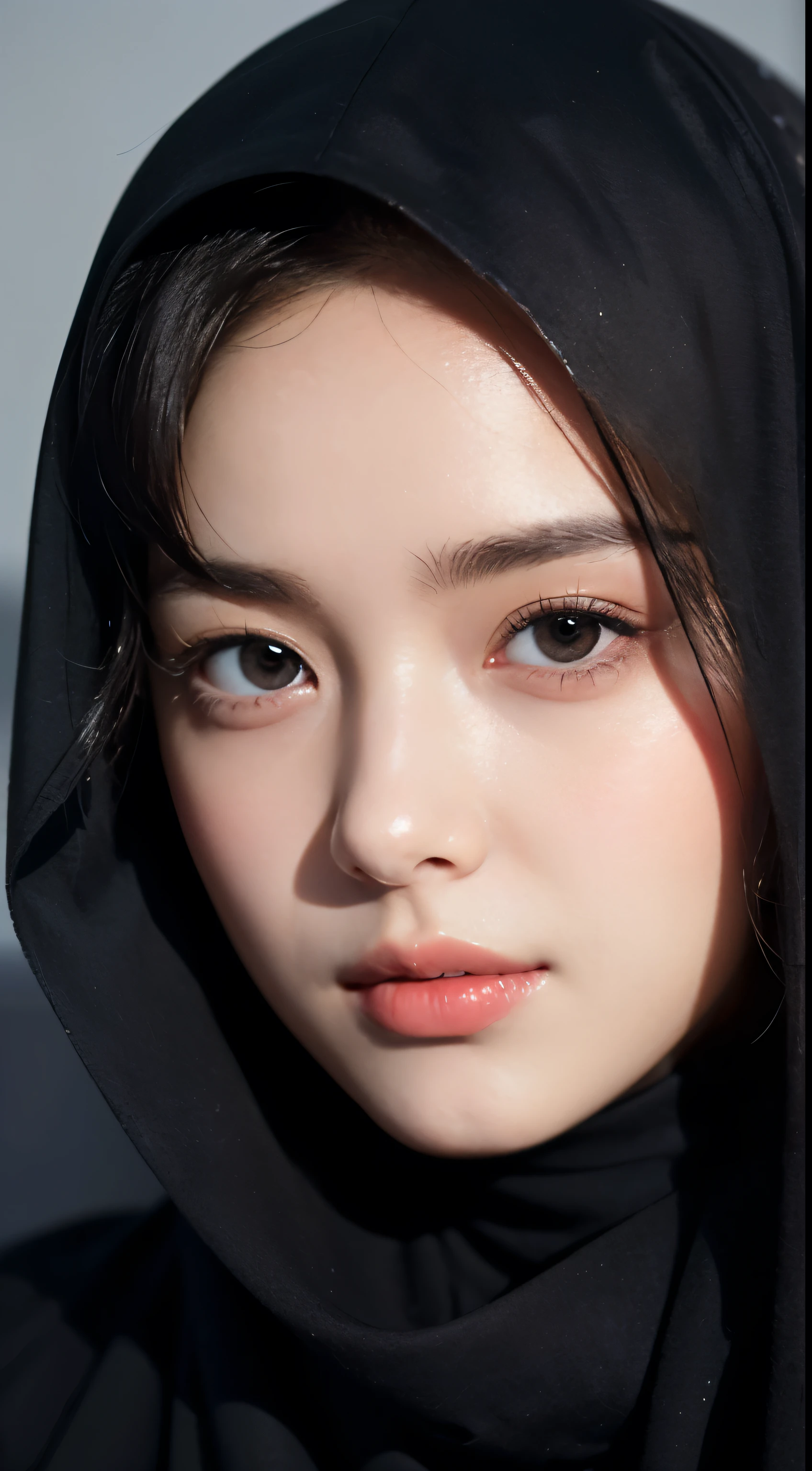 dressed, (photo realistic:1.4), (hyper realistic:1.4), (realistic:1.3), (smoother lighting:1.05), (increase cinematic lighting quality:0.9), 32K, 1girl,solo, a beautiful young woman hijab, ((black hijab)), (((covering mouth, black long veil:1.1))), 20yo girl, realistic lighting, backlighting, light on face, ray trace, (brightening light:1.2), (Increase quality:1.4), (best quality real texture skin:1.4), finely detailed eyes, finely detailed face, finely quality eyes, (Increase body line mood:1.1), (Increase skin texture beauty:1.1)