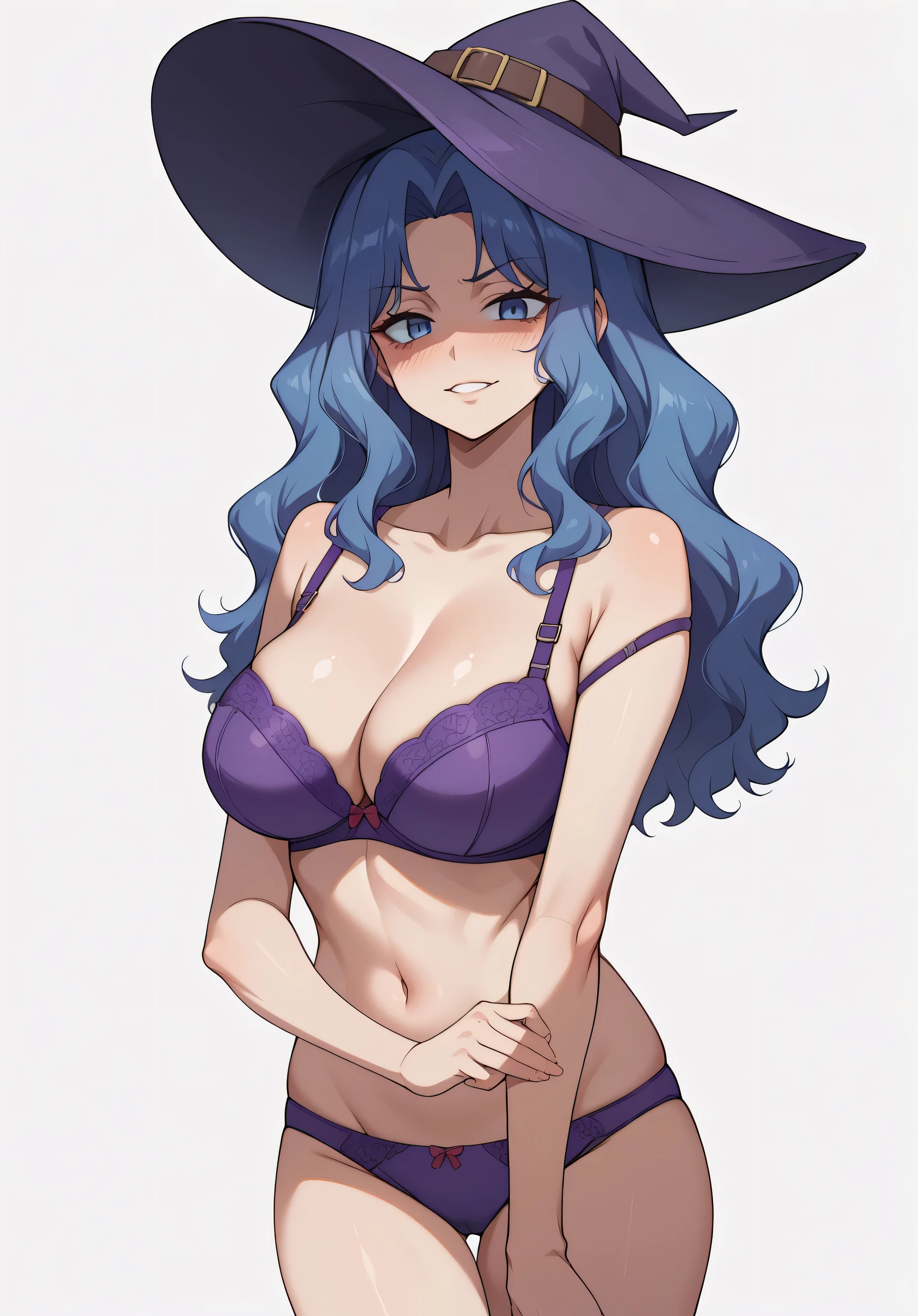 Anime woman with pale blue hair and purple bra posing for the camera、solo、Woman with long pale blue hair、Blue Eyed Woman、Wavy Hair、Seductive anime woman、clothing:Purple bra、Purple Panties、Tall Woman、Adult sex appeal、Sexy vibe、Big Breasts、A woman with very large breasts、TİTS、A woman is standing、Because Moe Yandere、cleavage、bra with an purple、panty with an purple、bra and panty only、whole body、Anime Moe Art Style、Naughty anime style、digital anime art!!、Bewitching atmosphere、Female focus、