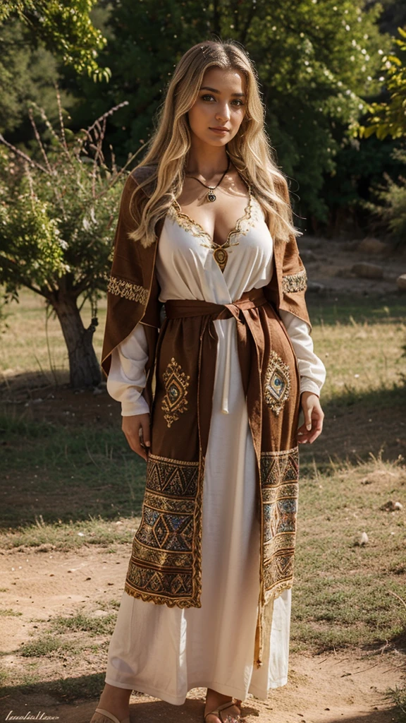 beautifull hot german blonde, robe kabyle, berber, amazigh dress, kabyledress, tizi ouzou, berber outfil, kabylegirl, bijoux, nature background, full body, realistic, brown robes