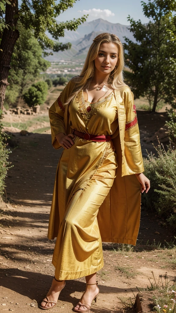 beautifull hot german blonde, robe kabyle, berber, amazigh dress, kabyledress, tizi ouzou, berber outfil, kabylegirl, bijoux, nature background, full body, realistic, brown robes