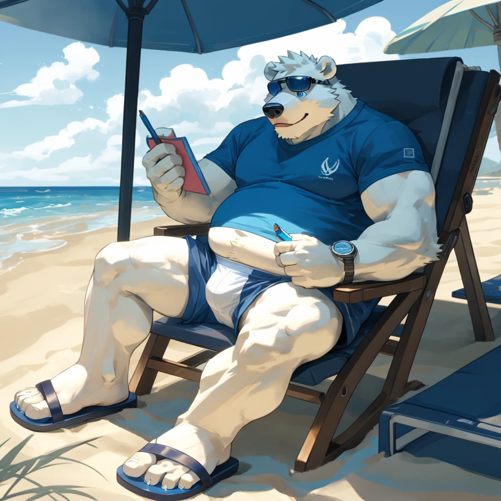 chubby dad male polar bear blue eyes, laying on chair , no clothes , white briefs , watch ,hands on sunglasses , smiling , under sun , spread legs , beach background, sunlight, sandals , high quality , drawing , 2d