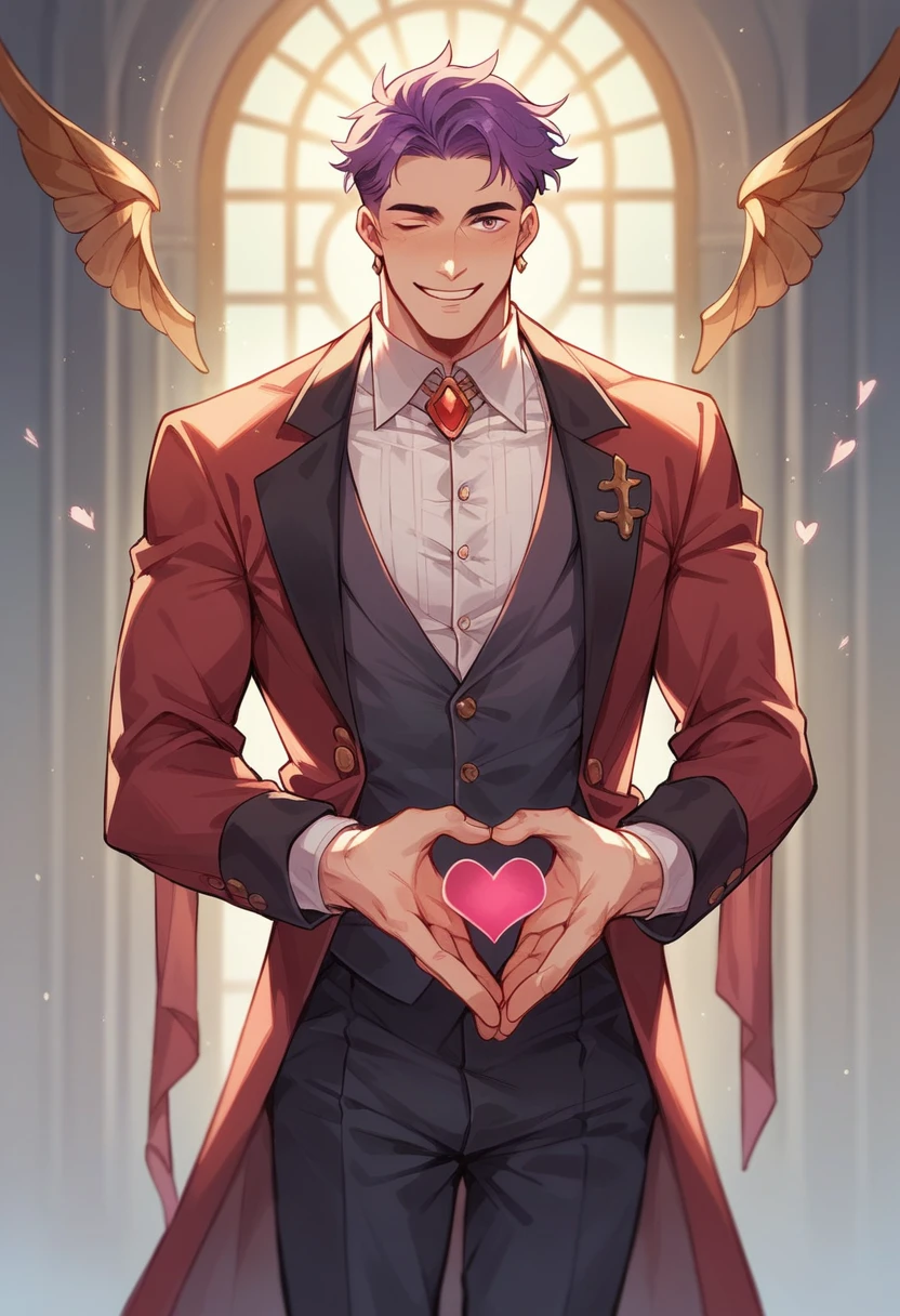 create a man in a suit with a kind and smiling appearance holding a broken, dry purple heart in his left hand and a healthy, red heart in his right hand , holding one in each hand and behind him he will have the illuminated shadow of Jesus on his right