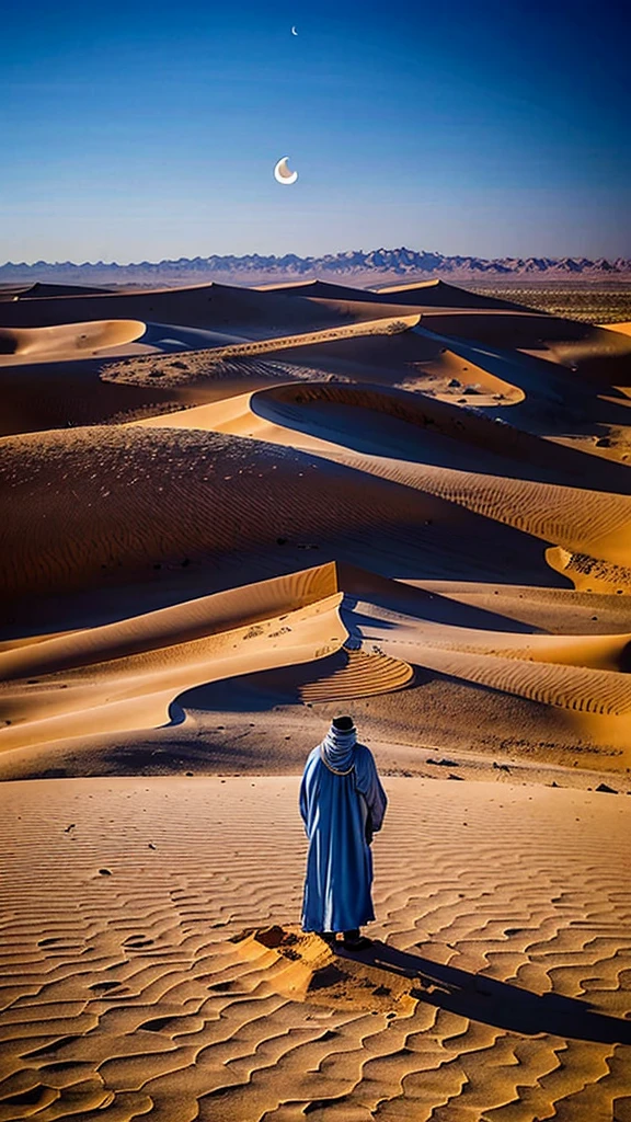 a vast, barren desert under a clear blue sky. In the middle of the desert, a Muslim was seen standing solemnly, facing a simple but majestic tomb. The tomb is surrounded by several classic Islamic ornaments. In the sky you can see the crescent moon rising which lights up the night. In this photo, a person faces a grave in prayer