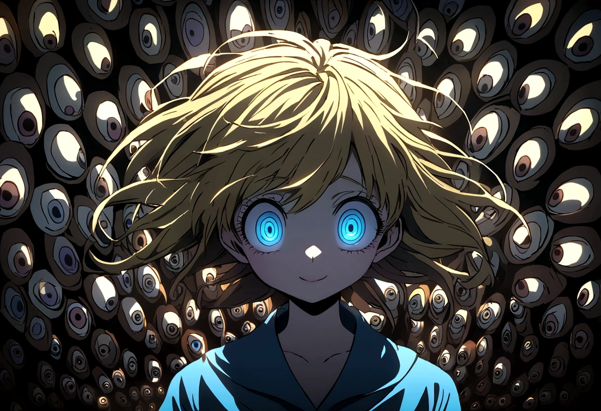 Too many Crazy eyes laughing Yandere Crazy anime woman. Looking. Blue Shining eyes. Yellow hair, Dark theme