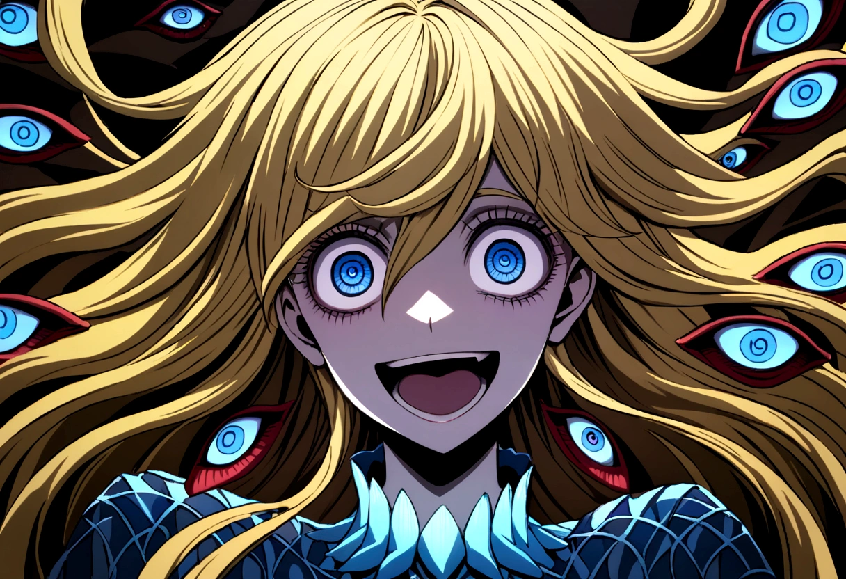 Too many Crazy eyes laughing Yandere Crazy anime woman. Looking. Blue Shining eyes. Yellow hair, Dark theme