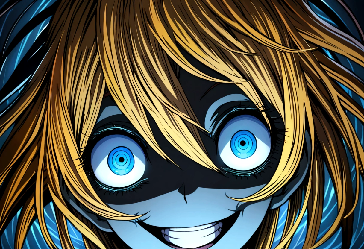 Too many Crazy eyes laughing Yandere Crazy anime woman. Looking. Blue Shining eyes. Yellow hair, Dark theme