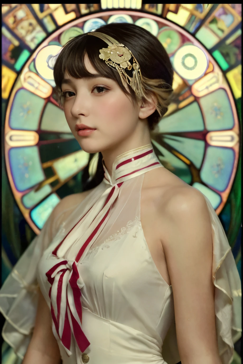 ((masterpiece:1.4, Highest quality)), (Realistic photos:1.4), (artwork),
((1 Girl)), (Otherworldly beauty), (dream-like),
(超High resolution:1.2), Very delicate and beautiful, wonderful, Very detailedな CG Unity 8k 壁紙, Very detailed, High resolution,
Soft Light, Beautiful detailed girl, Very detailedな目と顔, Beautiful and exquisite nose, Beautiful and exquisite,
(Dressed in early 20th century French costume:1.3),
Cinema Lighting, Perfect Anatomy, Slender body, (Parted bangs),
(Portrait of a Girl by Alphonse Mucha:1.5), (Abstract Background), (Designed picture background),
Cowboy Shot