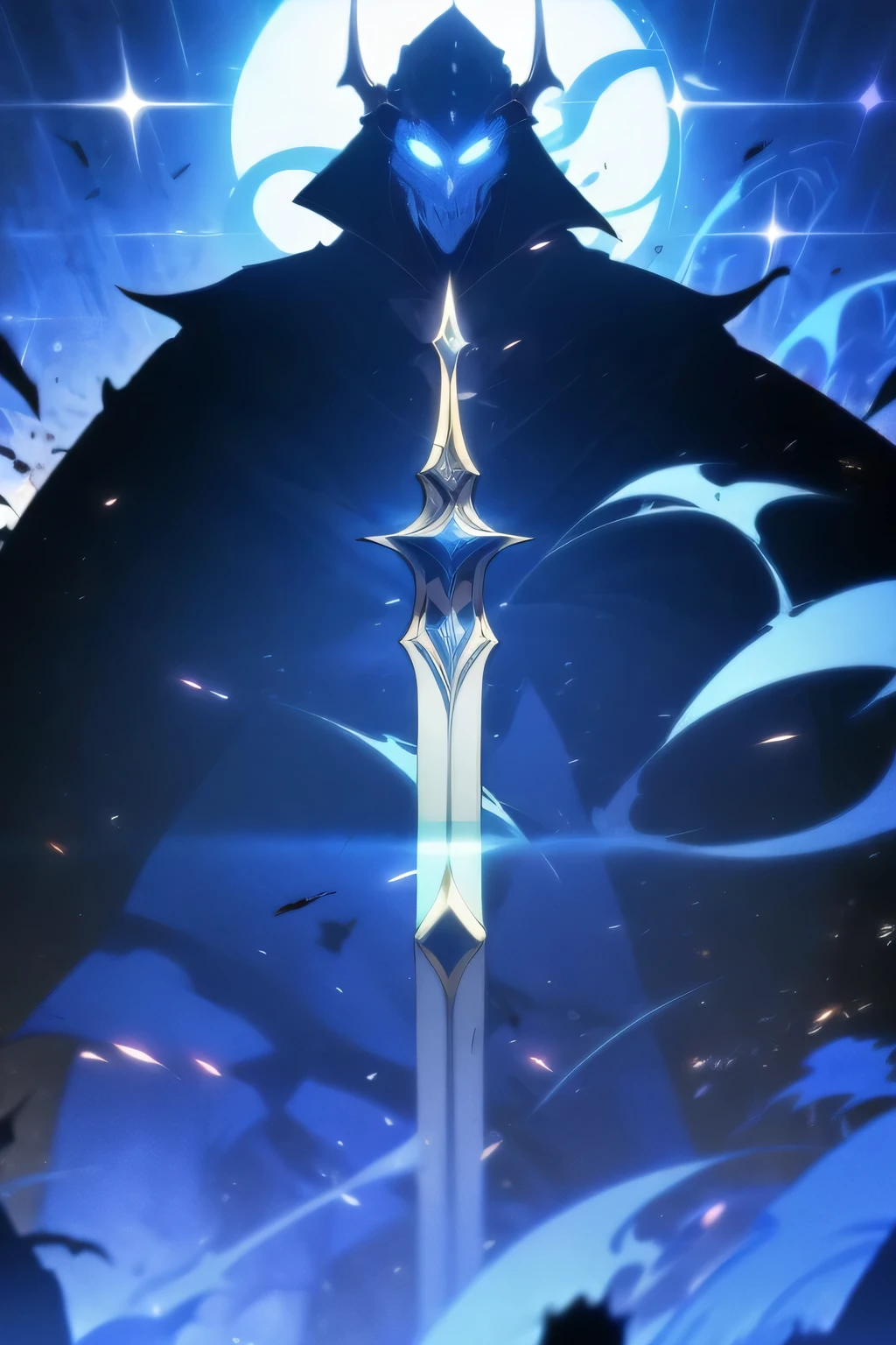 Create an image of Shadow Monarch in his full glory from the manhwa "Solo Leveling." He stands tall, exuding an aura of immense power and confidence. His black armor glistens under a dark, ominous sky, with shadows swirling around him, forming the shape of fearsome creatures ready to obey his command. His eyes glow with a piercing, otherworldly light, and his cloak billows dramatically behind him. The background showcases a battlefield littered with defeated enemies, highlighting his overwhelming strength and dominance.