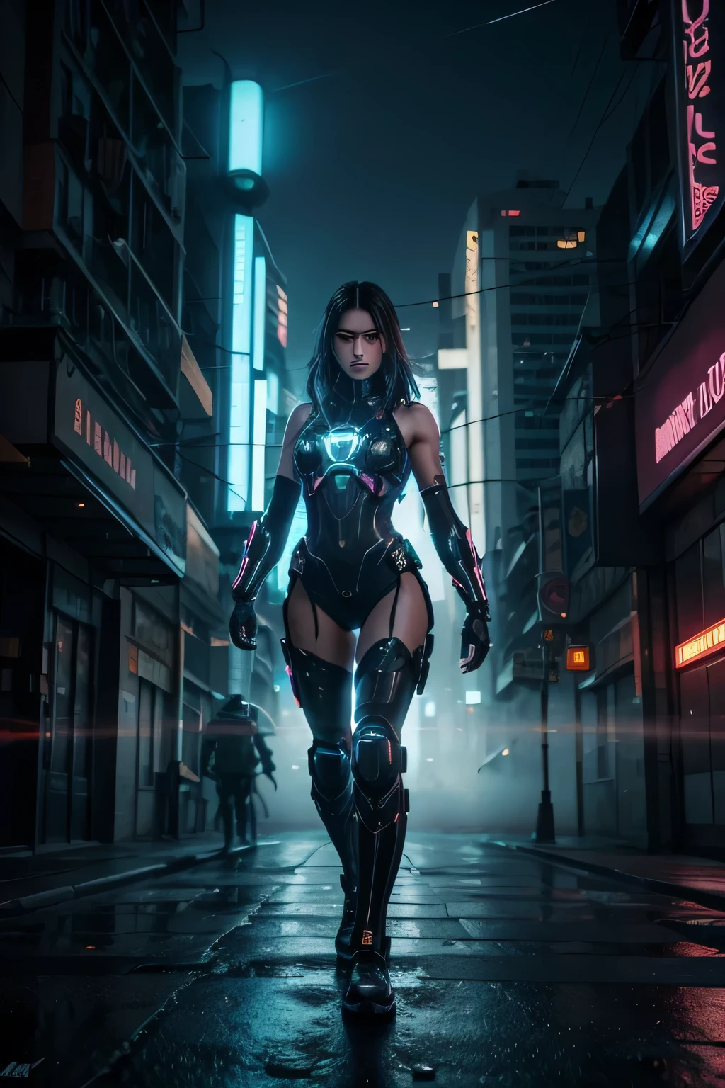 Realistic epic, a stunning visual photo of a irom mem | shiny | cyberpunk city | neon light | vibrant | Full body | main visual | dynamic fighting pose | best quality | lighting, volumetric fog, bioluminescence, volumetric atmosphere, studio trigger Military style knee pads, UHD, HDR, 16K.