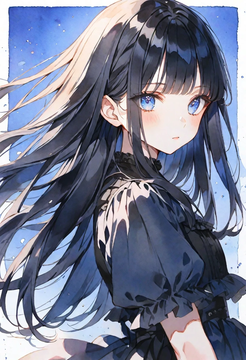 solo, Watercolor,
1. Female,
Hime cut,Straight Hair,long Hair, black hair, 
blue Eyes,Soft look,Lolita,18 years old,
black T-shirt,,stylish,
skin,
blue background,