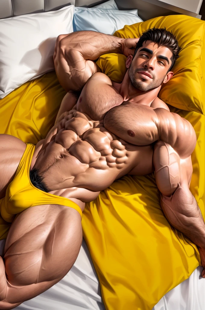 arafed man laying on a bed with a yellow pillow, bodybuilder body, muscular male, sexy muscular body, muscular men entwined together, bulging muscles, big chest, bodybuilder, large muscles, muscular body, male art, muscular men, exaggeratedly large physique, exaggerated muscle physique, super buff and cool, (big pecs:1.35)