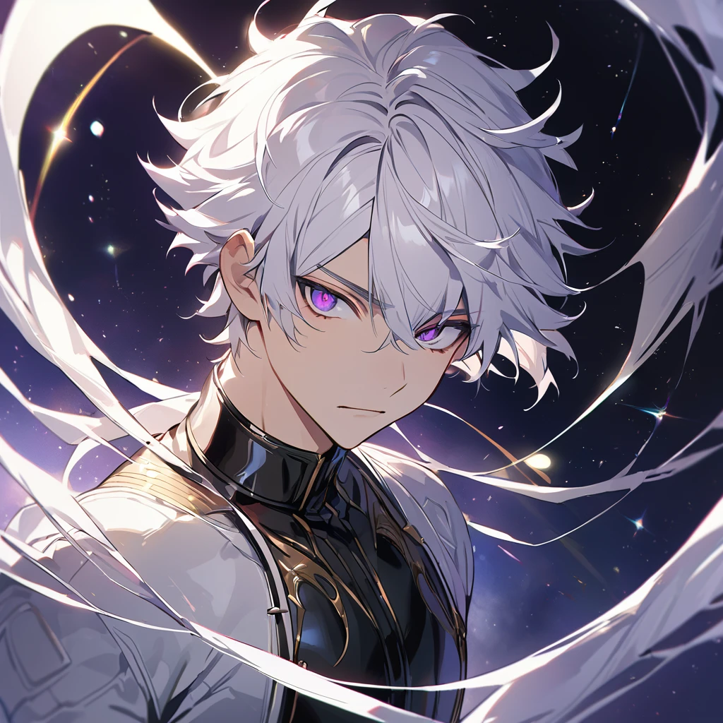 High quality, HD, 4k, no shadows, handsome male, 1male, 17 years old, teenager, golden lining, short white hair, sharp eyes, dark purple eyes, deep purple eyes, devil may cry, close up, calm expression, stoic expression, black leather clothes, white leather clothing, lean body, well trained body, upper body, looking at viewer, cowboy shot, white solar, space background