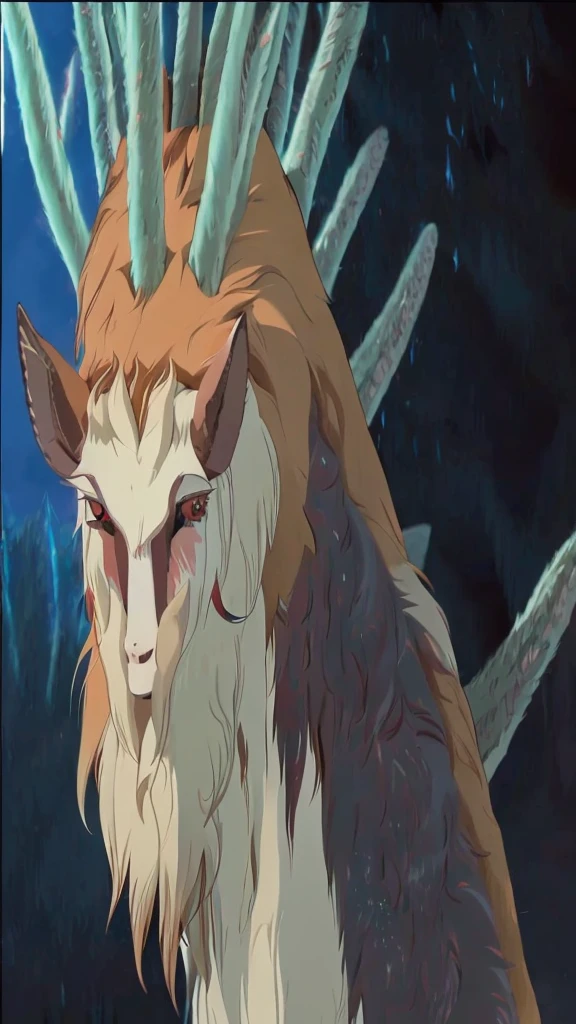 Animated image of a goat with horns and red eyes, princess Monster, Monster, princess Monster color scheme, studio ghibly style Monster, Studio Ghibli Anime Screenshots, From Studio Ghibli, Studio Ghibli movie stills, Ghibli anime style, Studio Ghibli anime films, Ghibli anime movies, Nine-Tailed Fox
