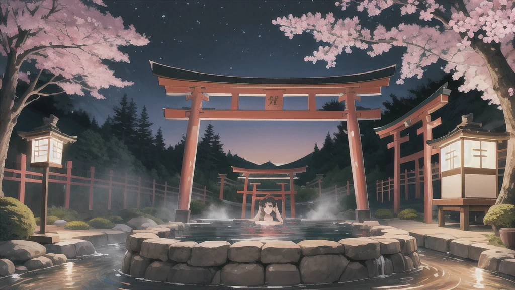 Cute art style, open-air bath, small torii gate, hot spring, evening, cherry blossoms, illustration, background only