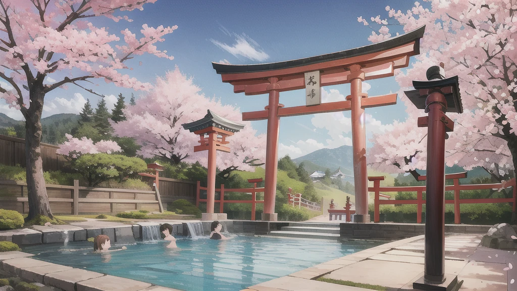 Cute art style, open-air bath, small torii gate, hot spring, evening, cherry blossoms, illustration, background only