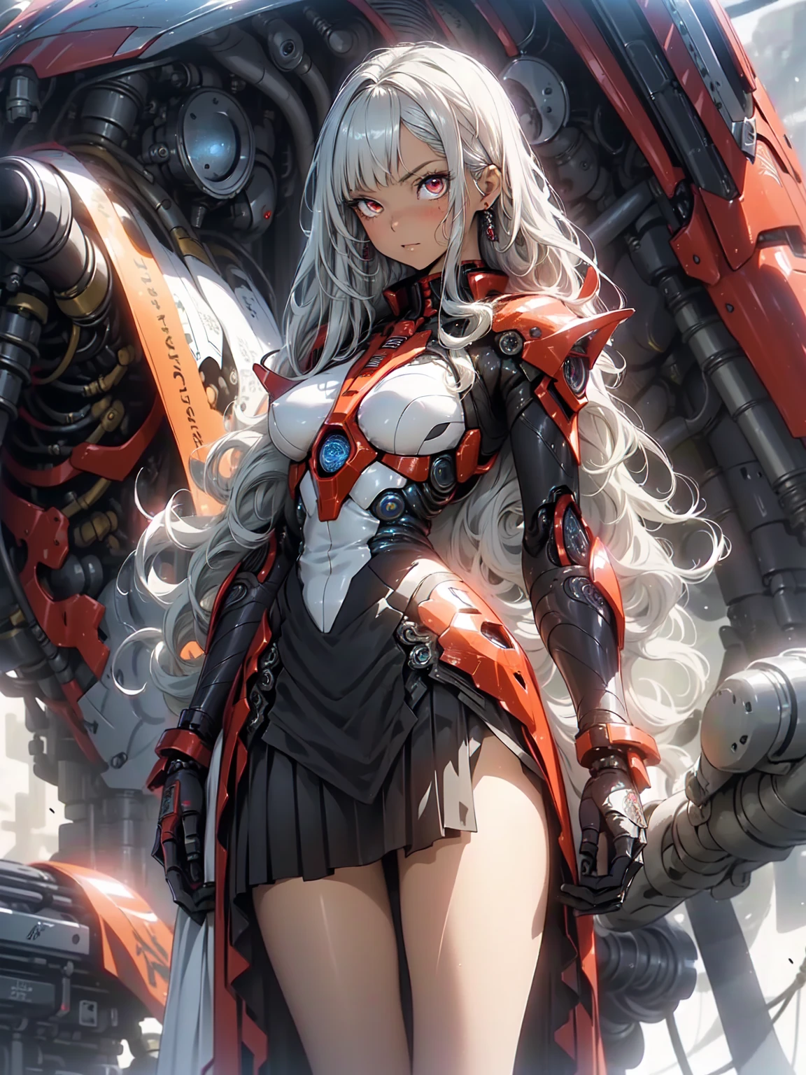 Cool Beauty, (One Woman:1.0), (20-year-old:1.0), (Small breasts:1.2),Fractal Art、Abstract background、 (Wide Shot:1.0), (Written boundary depth:1.1), Blake、 (Beautiful red eyes:1.0), (Cybernetic Genoid:1.1), (Very detailed mech suit:1.3), (Silvery semi-long hair:1.0), (Black Luxury Wizard Dress Skirt:1.3), (Decorative embroidery:1.0), High leotard、Sunburned skin
