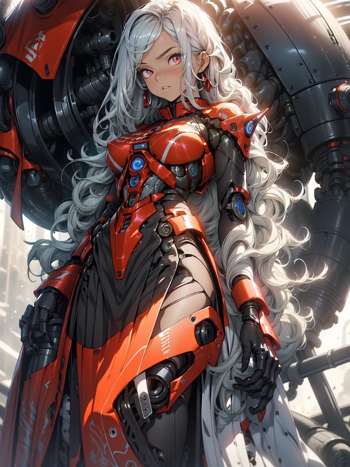 Cool Beauty, (One Woman:1.0), (20-year-old:1.0), (Small breasts:1.2),Fractal Art、Abstract background、 (Wide Shot:1.0), (Written boundary depth:1.1), Blake、 (Beautiful red eyes:1.0), (Cybernetic Genoid:1.1), (Very detailed mech suit:1.3), (Silvery semi-long hair:1.0), (Black Luxury Wizard Dress Skirt:1.3), (Decorative embroidery:1.0), High leotard、Sunburned skin