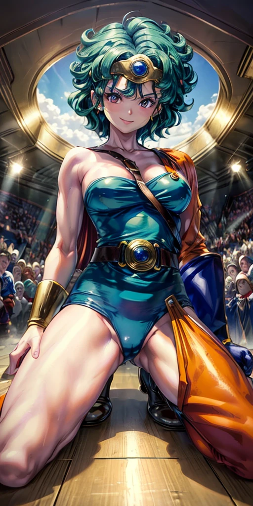 masterpiece,1 girl, Beautiful Eyes ,smile, Puffy eyes, Highest quality, Cinema Lighting, beautiful, Body facing forward, Face close-up, 8K, Detailed face, Bright lighting、Professional Lighting, Looking at the audience, Look straight ahead, Diagonal bangs, Bright light Blue Hair, Nogizaka idol, 20-year-old, shape, Sage_(dq3),Blue Hair, Circlet, Red eyes, Small , Yellow gloves, White Dress, belt, Cape, boots, kneel on one knee, be in flames, a near-death situation, cowboy shot, from front