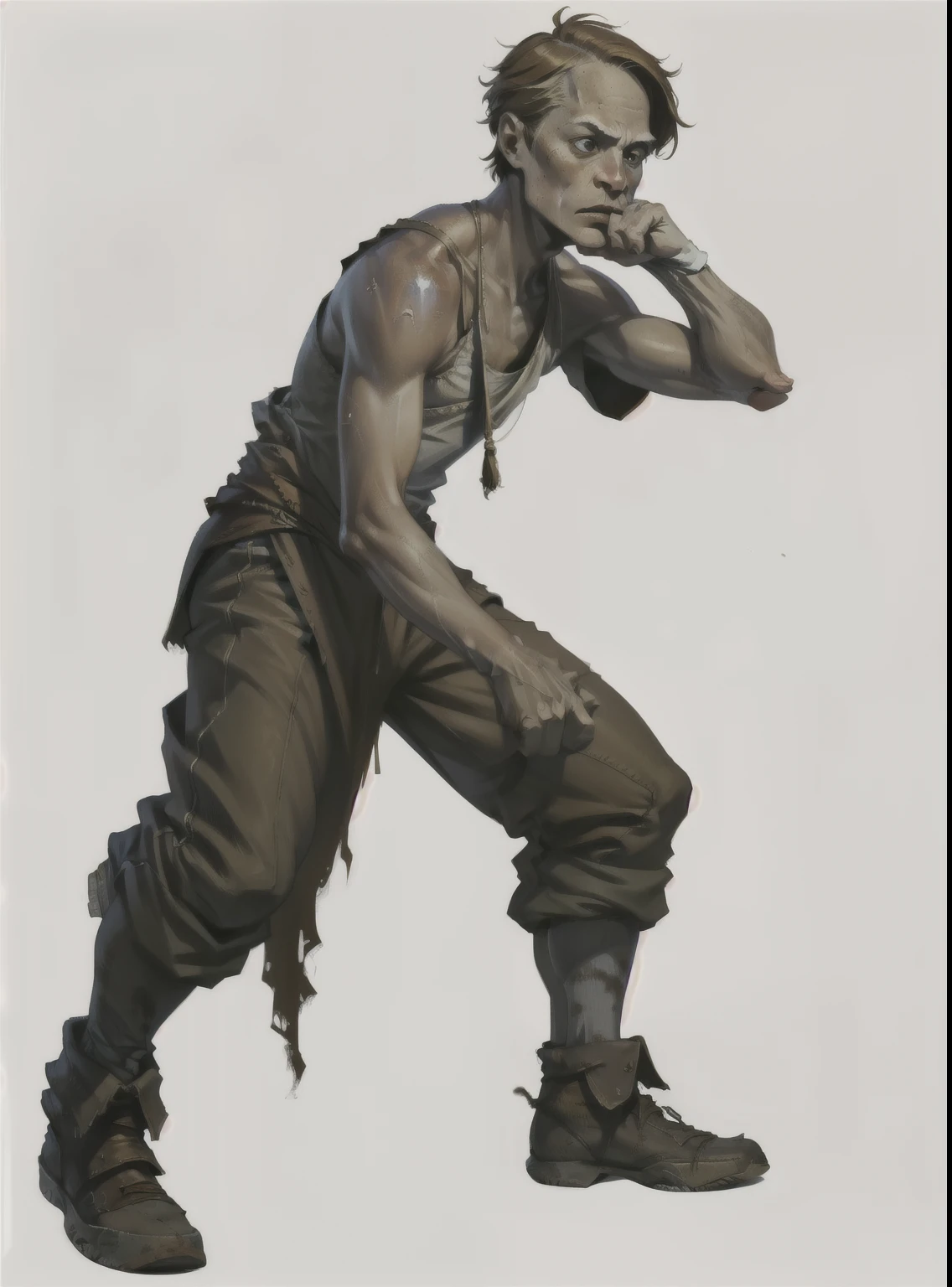 I want a character with a white background, png, full body image, Beggar, only with beige pants, and messy brown hair, a primal posture, old shoes.