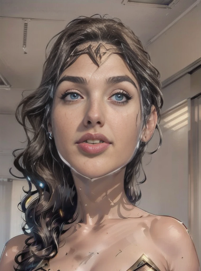 A woman，Gal Gadot as Wonder Woman，top views, Lying in bed，A pained expression on his face，Open your mouth and stick out your tongue，Lively expressions，Full and rich facial details，Keep your eyes open，Roll your eyes，Look upward with your eyes and tilt your head back，Messy hair，Call，Painful expressions，Eyes blue eyeballs turned upwards，Roll your eyes，Eye-to-eye，