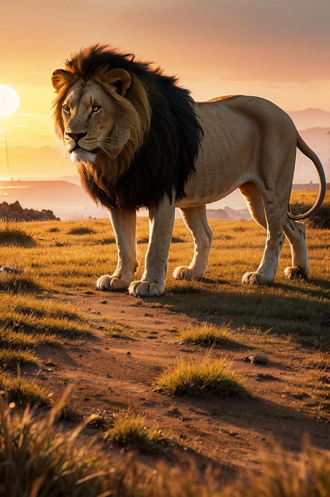 Lion walking on the plains，sturdy，sad，side，Look into the distance，Sunset，coastal，DreamWorks Pictures，Unreal Engine，illustration，Wide-angle lens，Realistic details，Atmospheric one