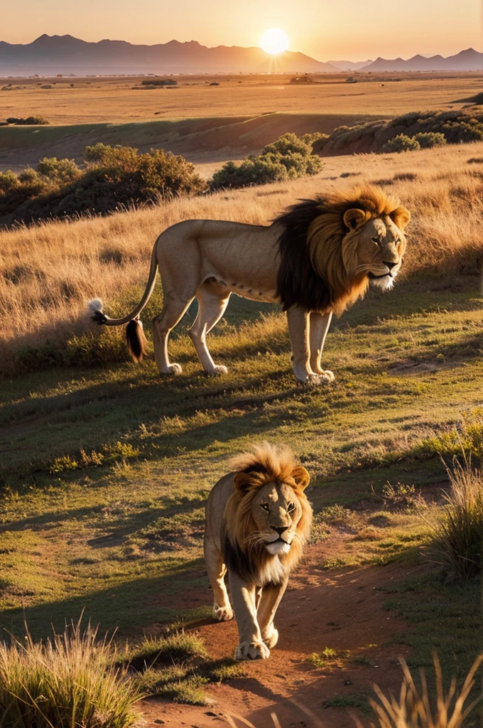 Lion walking on the plains，sturdy，sad，side，Look into the distance，Sunset，coastal，DreamWorks Pictures，Unreal Engine，illustration，Wide-angle lens，Realistic details，Atmospheric one