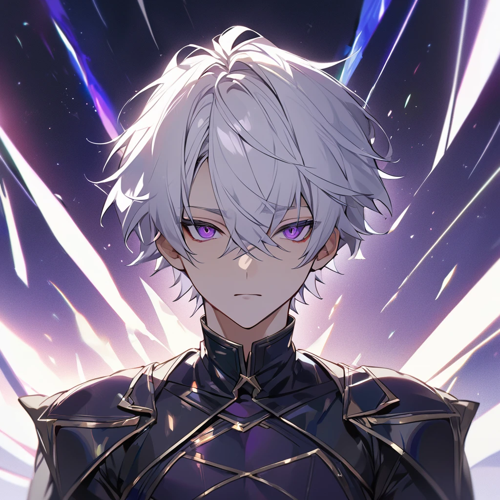 High quality, HD, 4k, no shadows, handsome male, 1male, 17 years old, teenager, golden lining, short white hair, sharp eyes, dark purple eyes, deep purple eyes, devil may cry, close up, calm expression, stoic expression, black leather clothes, white leather clothing, lean body, well trained body, upper body, looking at viewer, cowboy shot, white solar, space background