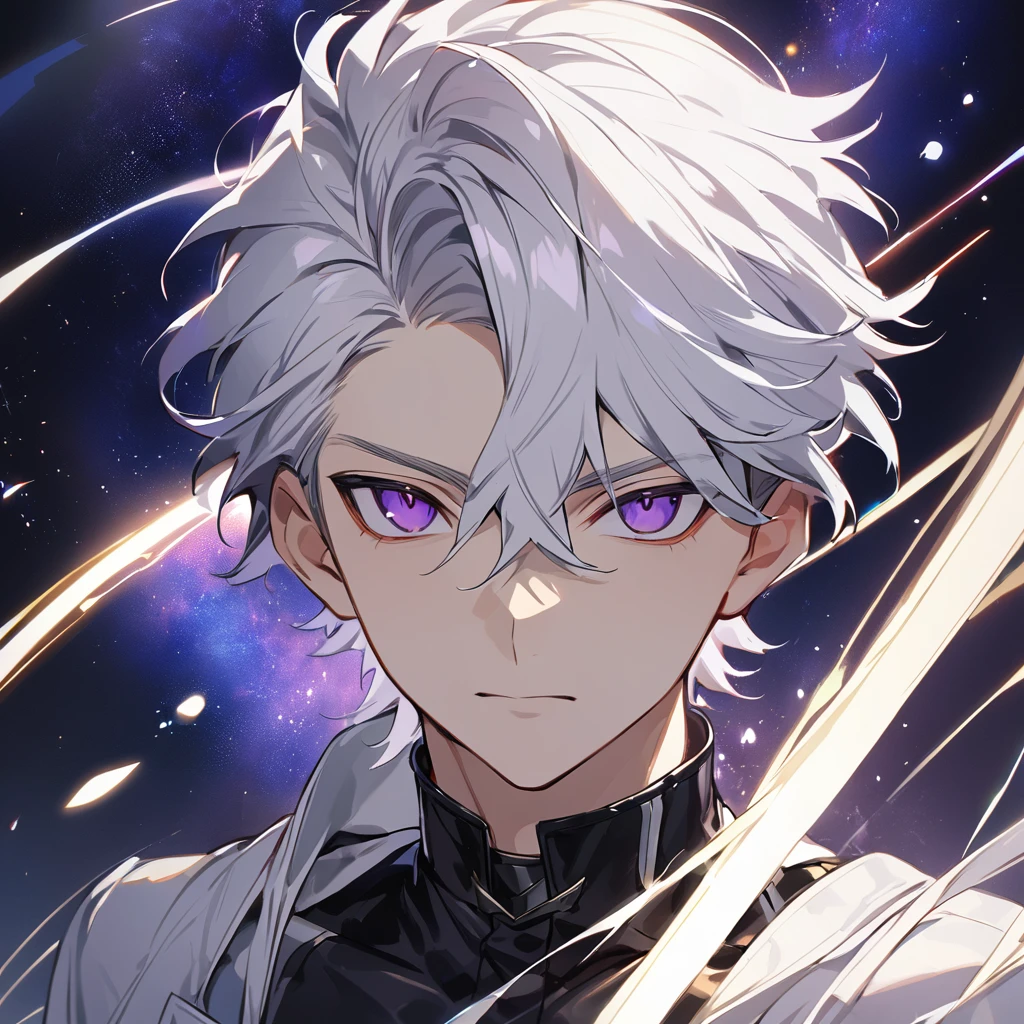 High quality, HD, 4k, no shadows, handsome male, 1male, 17 years old, teenager, golden lining, short white hair, sharp eyes, dark purple eyes, deep purple eyes, devil may cry, close up, calm expression, stoic expression, black leather clothes, white leather clothing, lean body, well trained body, upper body, looking at viewer, cowboy shot, white solar, space background