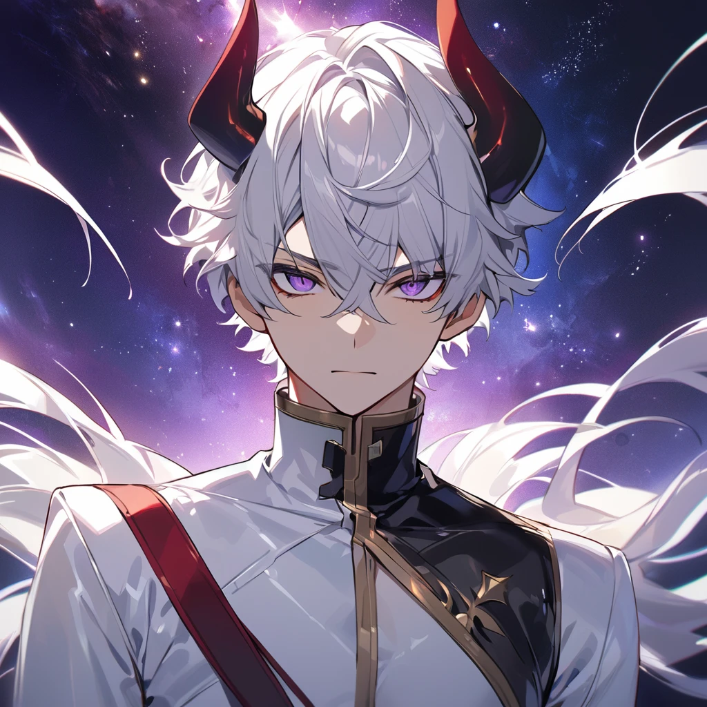 High quality, HD, 4k, no shadows, handsome male, 1male, 17 years old, teenager, golden lining, short white hair, sharp eyes, dark purple eyes, deep purple eyes, devil may cry, close up, calm expression, stoic expression, black leather clothes, white leather clothing, lean body, well trained body, upper body, looking at viewer, cowboy shot, white solar, space background