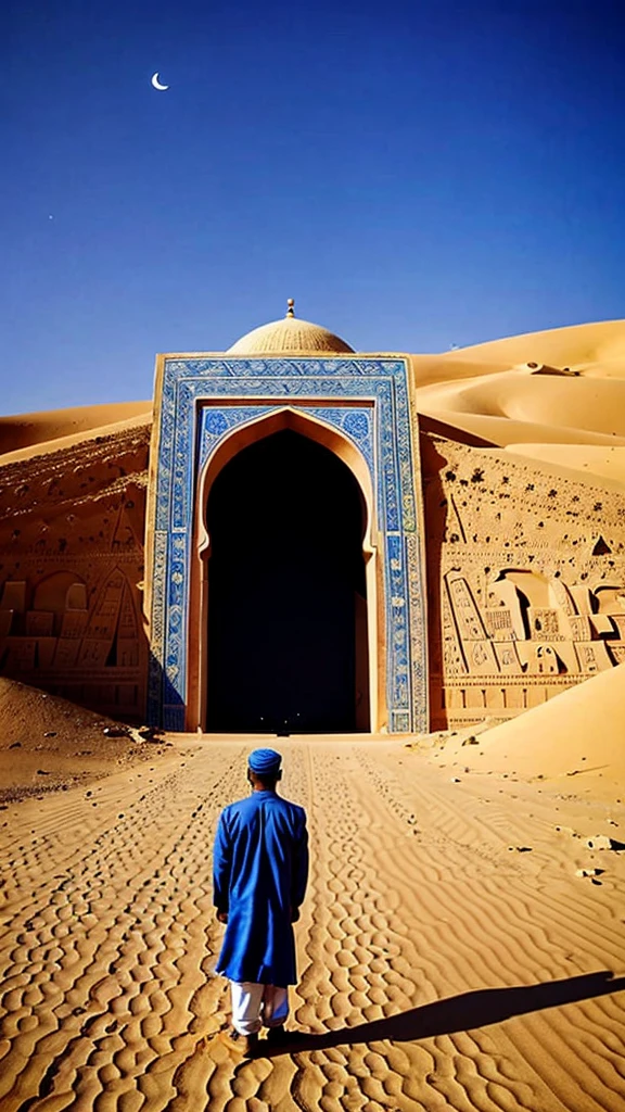 a vast, barren desert under a clear blue sky. In the middle of the desert, a Muslim was seen standing solemnly, facing a simple but majestic tomb. The tomb is surrounded by several classic Islamic ornaments. In the sky you can see the crescent moon rising which lights up the night. In this photo, a person faces a grave in prayer