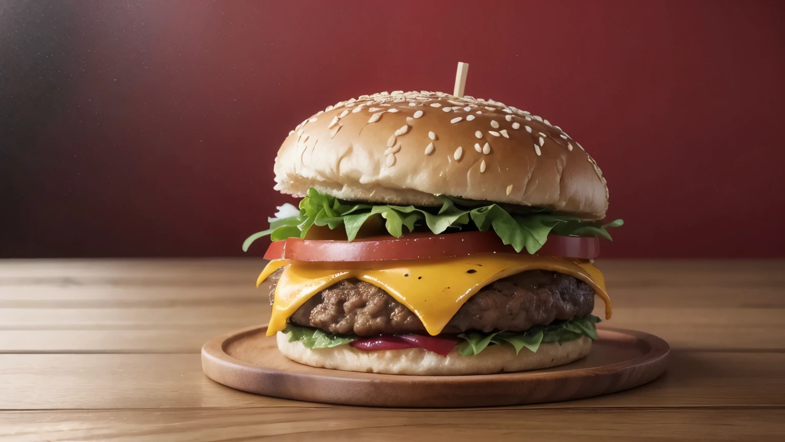 instagram post, red background, realistic nikon z7 hamburger, 4k wooden table, fast food