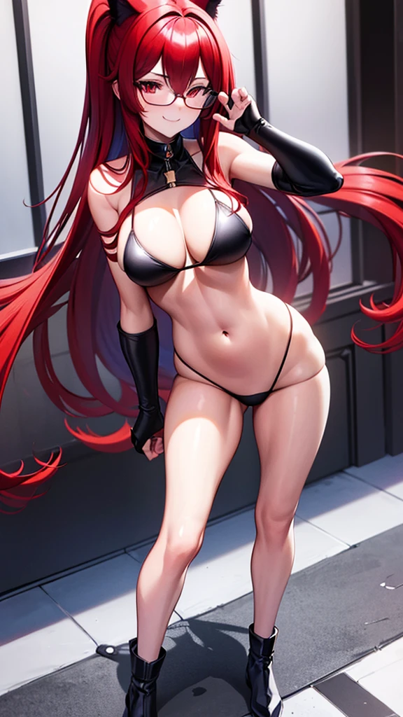 (Masterpiece), (best quality), 20 year old cat girl, long red hair, red eyes, solid round eyes, smile softly, shadow, 8K, Awesome details, precise, best quality, UHD, textured skin, Black glasses, (ชุด black sexy bikini), standing sex