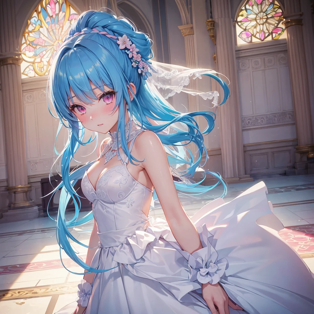 sky Blue hair, (braided ponytail),(pink eyes),fair skin ,(full body),(1 girl),bride,blush,Straight Bangs, June Bride,Wedding dress,(masterpiece, best quality, ultra-detailed, best shadow), (detailed background), (beautiful detailed face), high contrast, (best illumination, an extremely delicate and beautiful), ((cinematic light)), colorful, hyper detail, dramatic light, intricate details,Wedding hall,Glaring Sun,