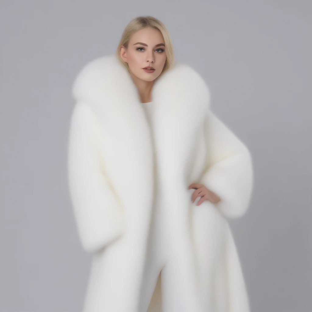 A very wide and very thick, very long white fox fur coat, fifty centimeters d&#39;thickness, fluffy, naturel, with an ultra thick white and sand mink fur collar, Trois couches, about the best models from Venezuela, bare shoulders, and two big breasts revealed by the fur, under the sun , yacht deluxe, port of Monaco , en haute résolution de la plus high quality、,Photo 8K HDR), realistic texture, realistic shadows,