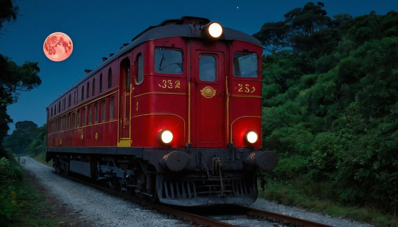 A old train, mostly red, traveling in the night, with the full moon, but the moon is really giantic, really big, and in reality it is not the moon, but a old one eyed god, with a open mounth full o theet, and the night sky showing. It's traveling in a road by the florest, in a clareira where it make its stop.