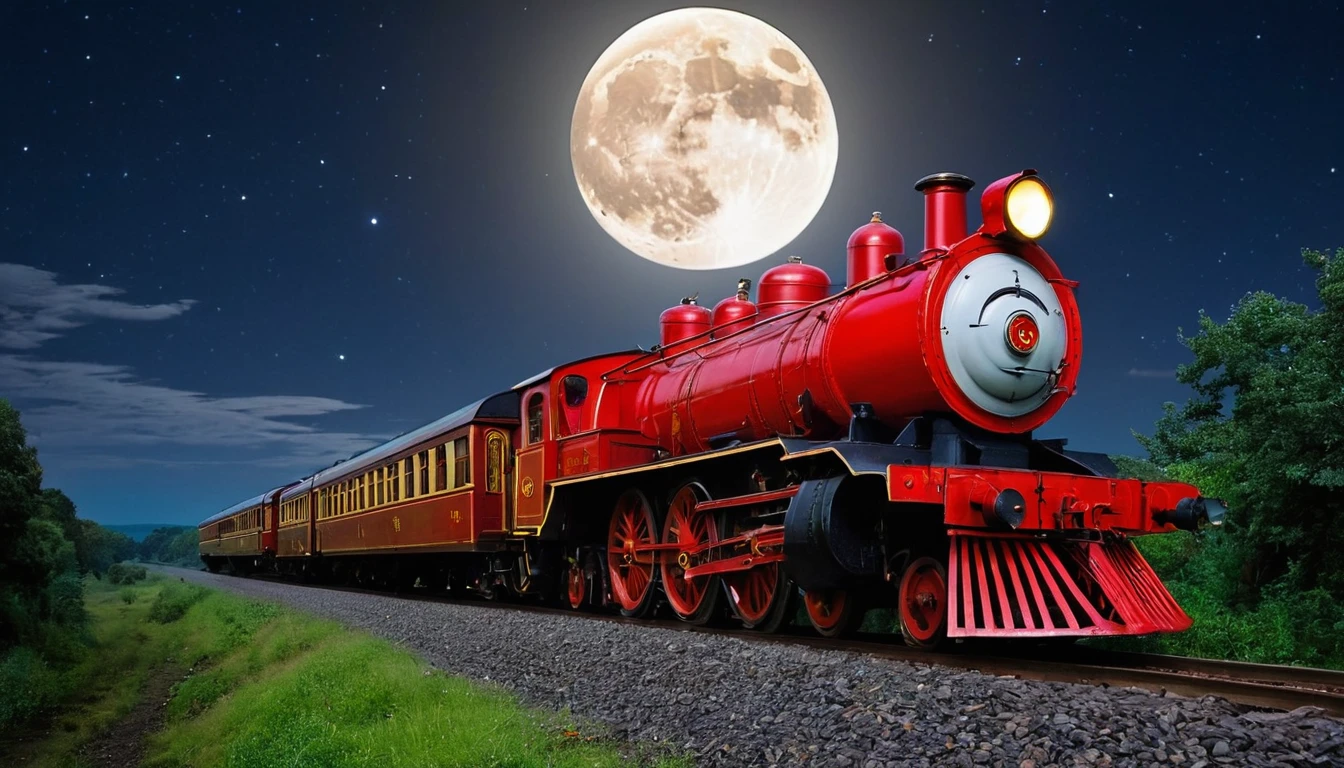 A old train, mostly red, traveling in the night, with the full moon, but the moon is really giantic, really big, and in reality it is not the moon, but a old one eyed god, with a open mounth full o theet, and the night sky showing. It's traveling in a road by the florest, in a clareira where it make its stop.