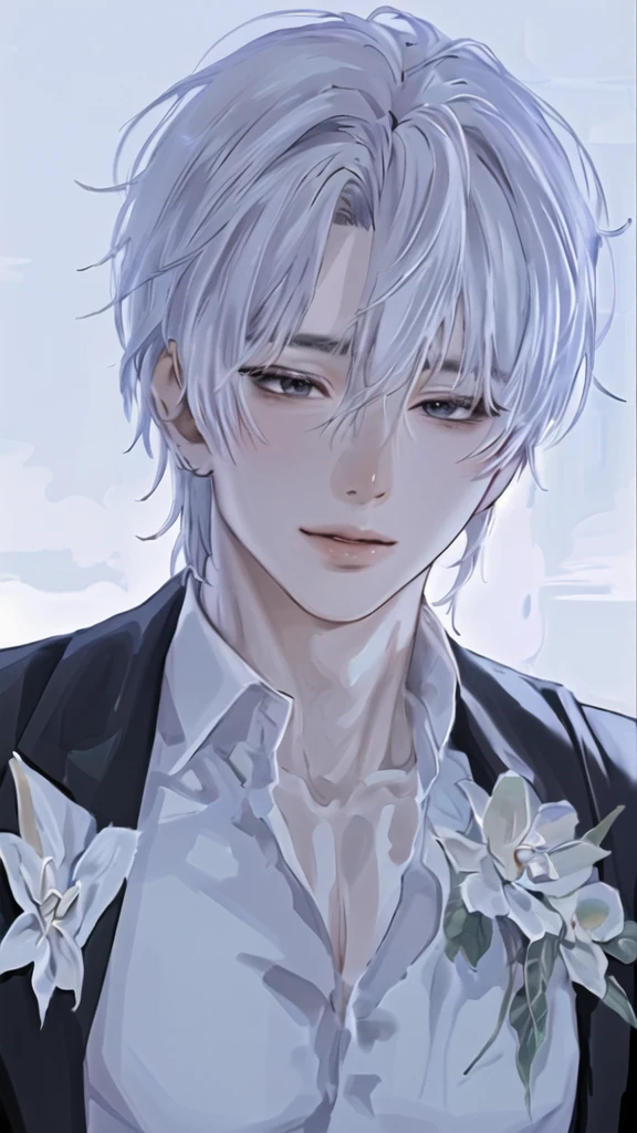 anime boy with white hair and black jacket , boy with white hair, detailed portrait of anime girl, from the front line of boy, semirealistic anime style, amazing anime face portrait, beautiful anime portrait, perfect white haired boy , fine details. girl front line, realistic anime art style, made with anime painter studio, portrait anime boy, anime realism style, white haired,ยิ้ม,ยืนเต็มตัว,เห็นทั้งตัว
