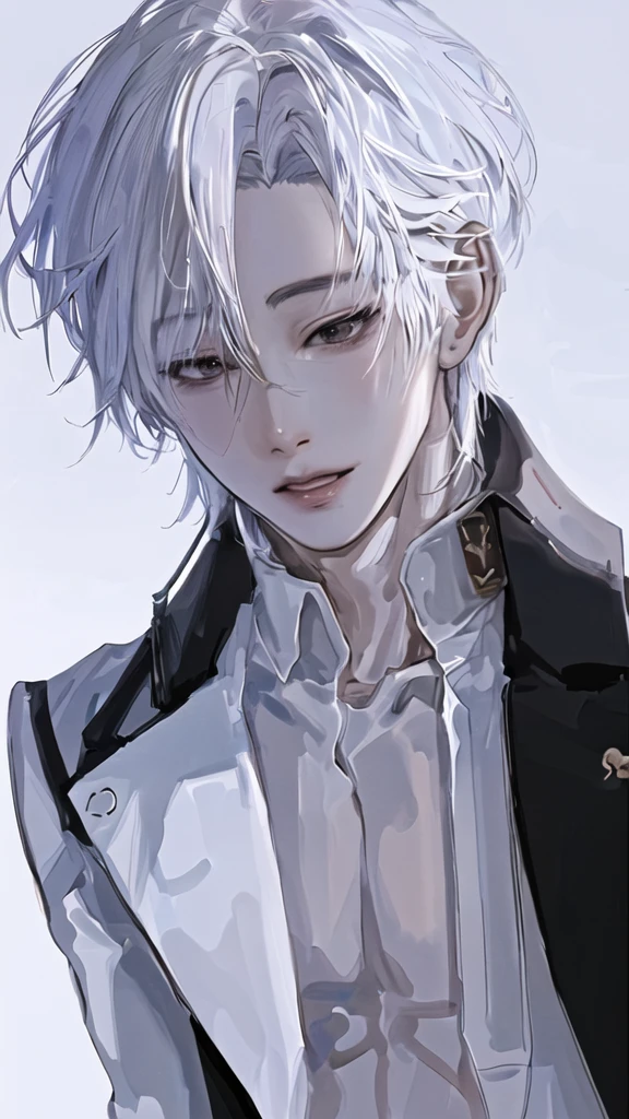anime boy with white hair and black jacket , boy with white hair, detailed portrait of anime girl, from the front line of boy, semirealistic anime style, amazing anime face portrait, beautiful anime portrait, perfect white haired boy , fine details. girl front line, realistic anime art style, made with anime painter studio, portrait anime boy, anime realism style, white haired,ยิ้ม,ยืนเต็มตัว,เห็นทั้งตัว
