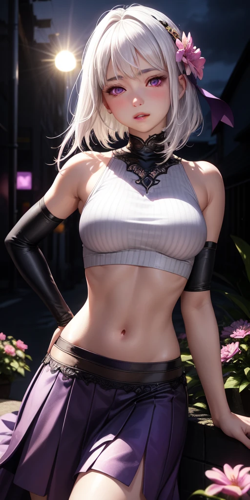 realistic, 1girl, white hair, purple eyes, glowing eyes, crop top, skirt, parted lips, blush, night, flowers, sun, sunlight,