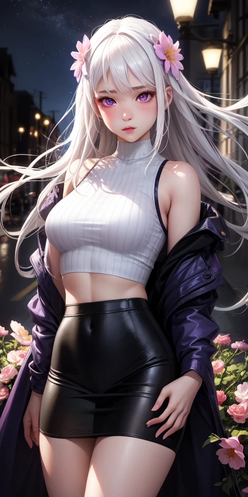 realistic, 1girl, white hair, purple eyes, glowing eyes, crop top, skirt, parted lips, blush, night, flowers, sun, sunlight,