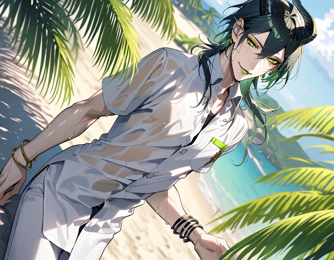 ((masterpiece:1.4, best quality)), (Ultra detailed background), 1boy, handsome man, highly detailed beautiful face and eyes, white hair, beautiful eyes, (sharp detail:1.3), shiny, earrings, bracelet, (wet clothes:1.3), Shirts, Bari, Cebu Island, plumeria, near the beach, stretch,lie on one's back, dynamic angle, malleus draconia (twisted wonderland) horns, bishounen, boy, male, yana Toboso style, long hair, black hair, yellow green eyes, smile, gray lips, handsome, skinny, tall, yellow green glow,