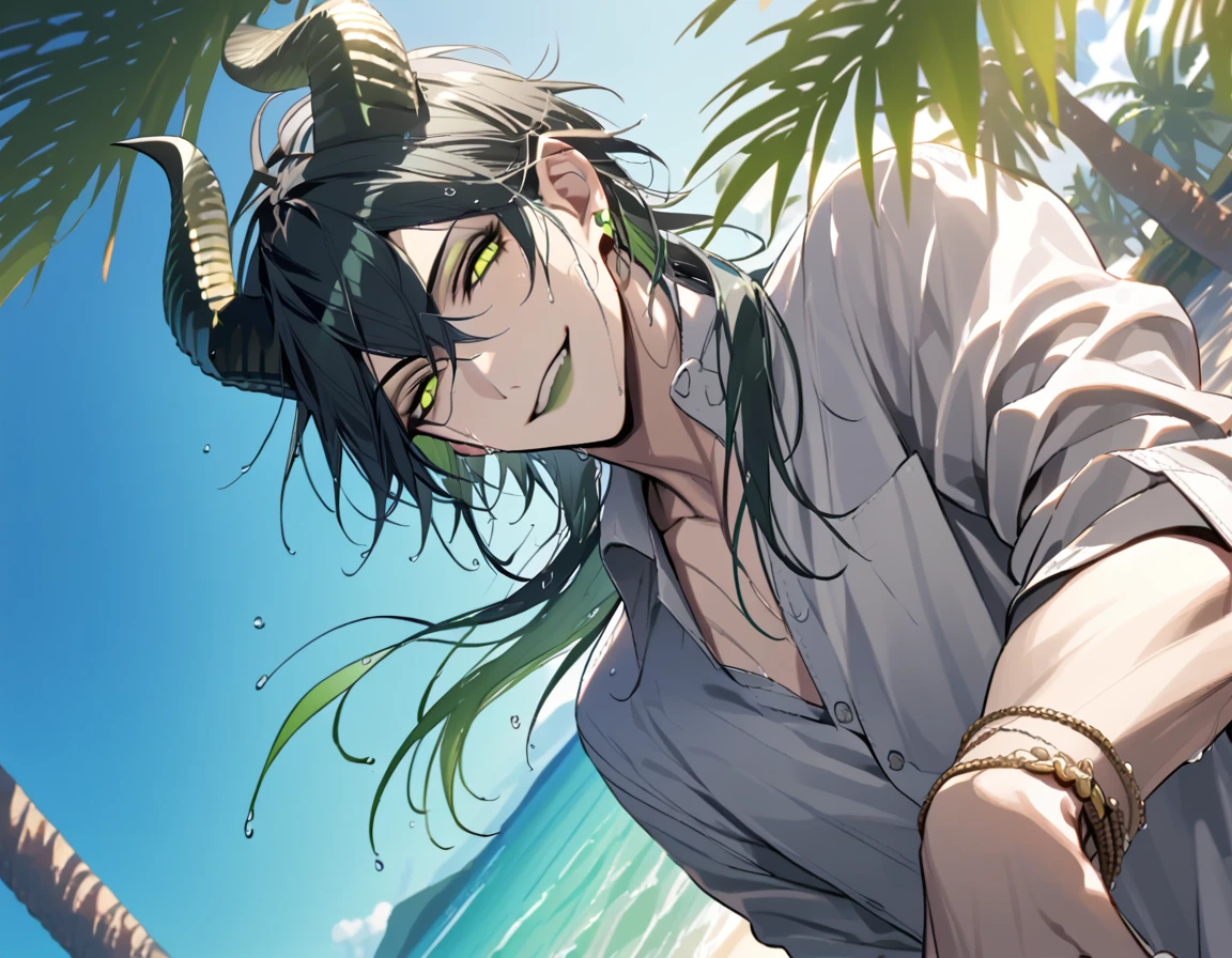((masterpiece:1.4, best quality)), (Ultra detailed background), 1boy, handsome man, highly detailed beautiful face and eyes, white hair, beautiful eyes, (sharp detail:1.3), shiny, earrings, bracelet, (wet clothes:1.3), Shirts, Bari, Cebu Island, plumeria, near the beach, stretch,lie on one's back, dynamic angle, malleus draconia (twisted wonderland) horns, bishounen, boy, male, yana Toboso style, long hair, black hair, yellow green eyes, smile, gray lips, handsome, skinny, tall, yellow green glow,