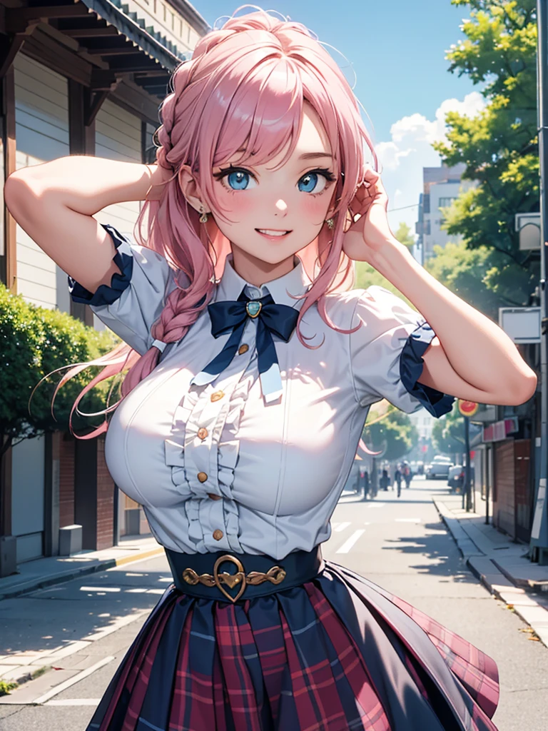 best image quality, masterpiece, ultra detailed, exquisite, cowboy shot, high quality, Beautiful art, One Girl, looking at viewers, hand in own hair, ((18 years old, Big Breasts, Giant bust:1.2)), fair skin, beautiful skin, Detailed teeth, Light green eye rest, beautiful eyes, twinkle(in the eyes), Pink Hair, Pink French Braid, thin, smile, Heartily laugh, Fashionable clothes、(white ruffled blouse:1.1)、White collared goss shirt, (dark blue high-waist skirt:1.5), (Short sleeve shirt:1.1),from above,