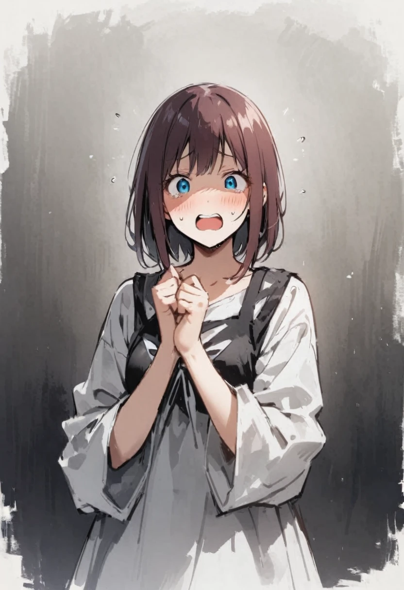 Zashiki-warashi、upper body shot、scared、Laugh eerily、That&#39;s horrible、Japanese style、Haunted House、darkness、Late Night、kimono、Bob、Girl、Girl、Younger、Baby Face、flat chest、Black Long Hair、Dynamic Angle、Eyes open、Flower Hair Ornaments
