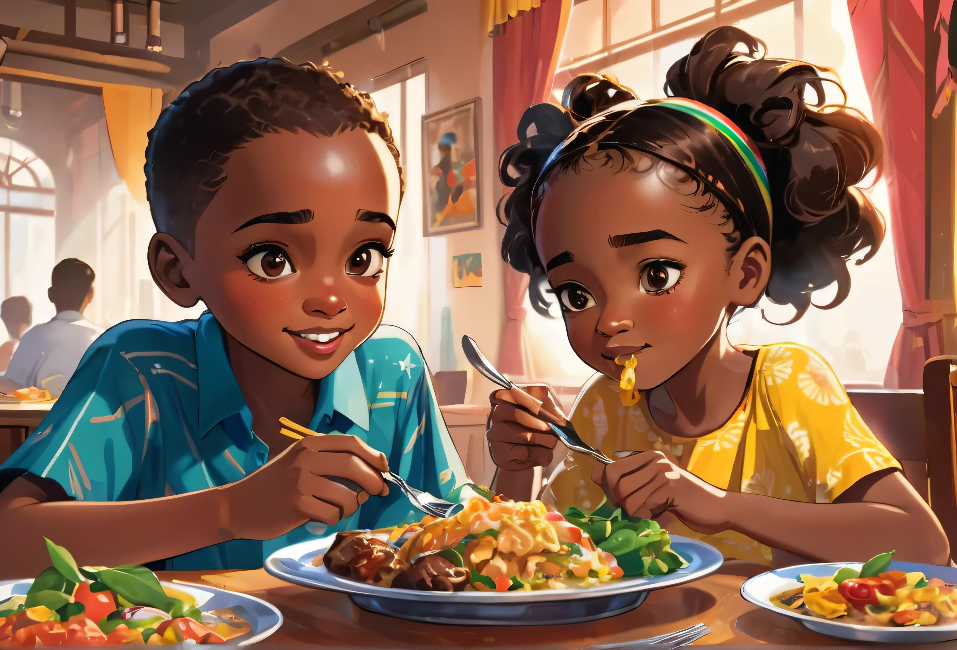 A boy and a girl of 11 years old, (African) eating on the dining table (masterpiece best quality:1.2) delicate illustration ultra-detailed, (disney-related event) indoor, (classroom), detailed background, illustrations, bright, colourful,