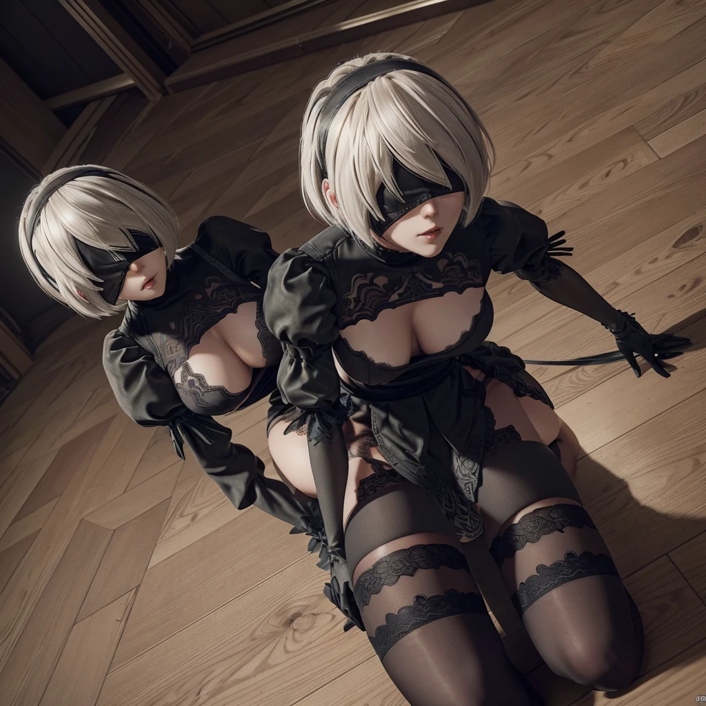 girl, 2B (nier automato), beautiful, slender, sexy, big elastic breasts, fifth breast size, makeup, blindfold, shirt, skirt, lace stockings on suspenders, kneeling on the floor in the room, hentai, focus from above, looking down,